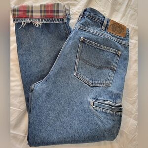 Guide Gear distresssd Plaid Flannel Lined Denim Double Knee jeans Size 34